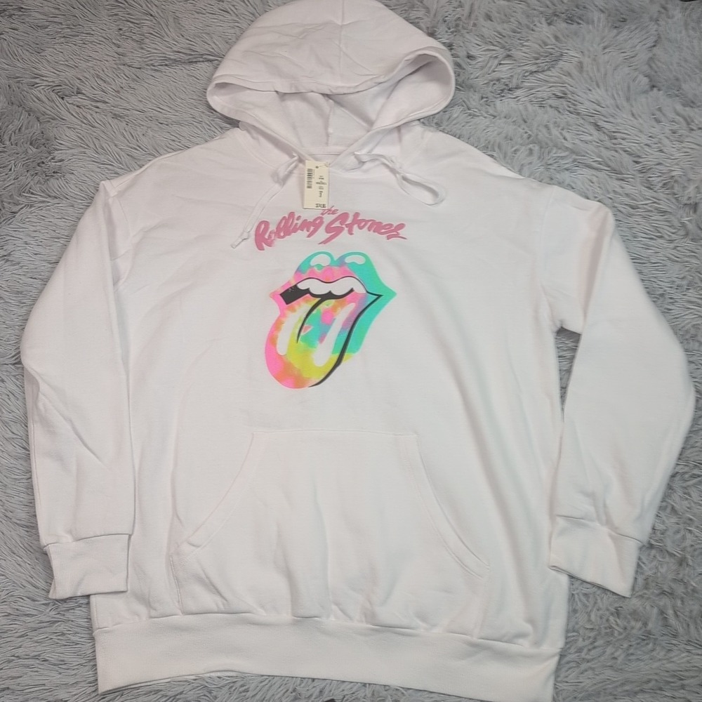The Rolling Stones Sweatshirt Womens L White Hoodie Pocket Lightweight Soft New